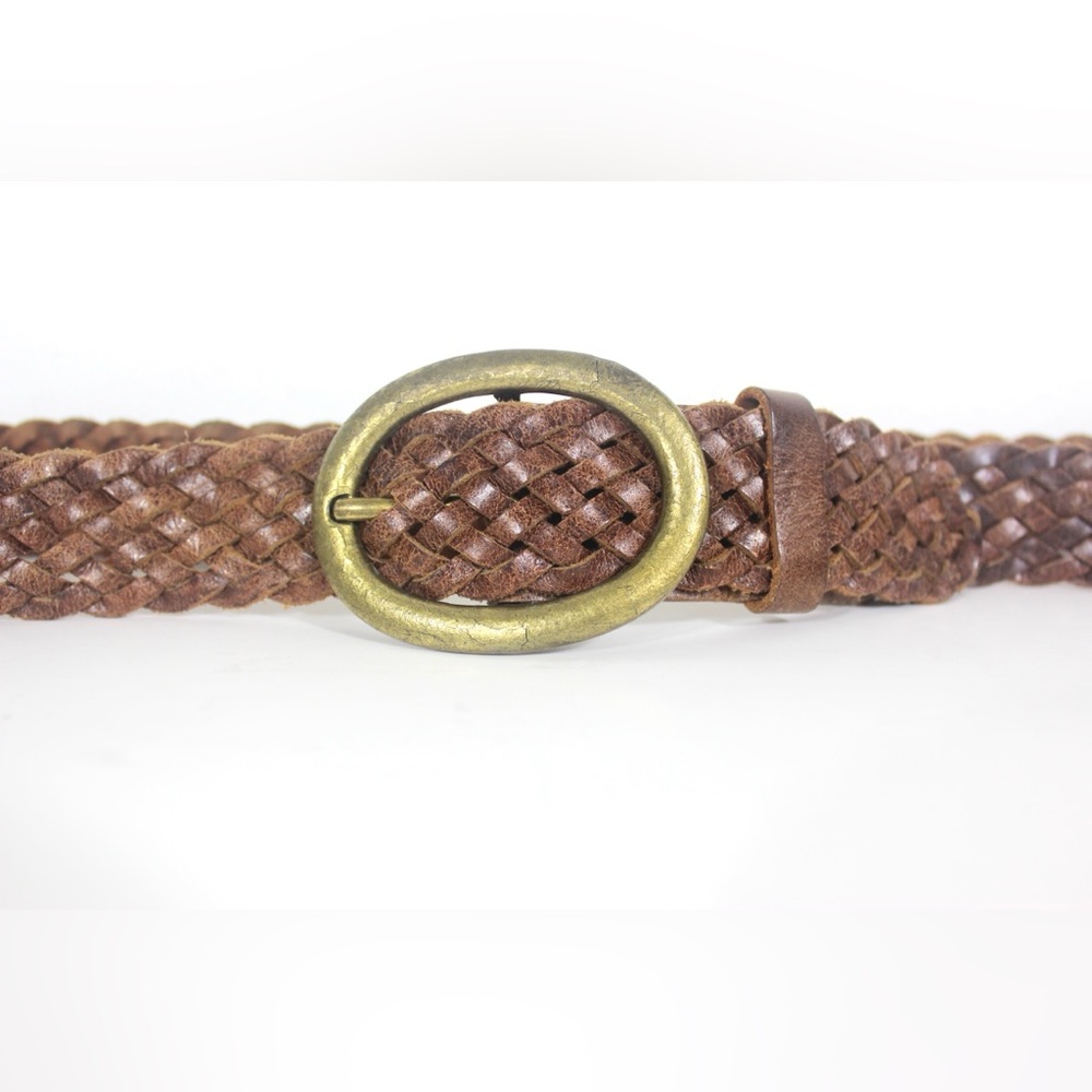 Vintage Woven or Braided Warm Tan Brown Leather Belt with Oval Brass Buckle